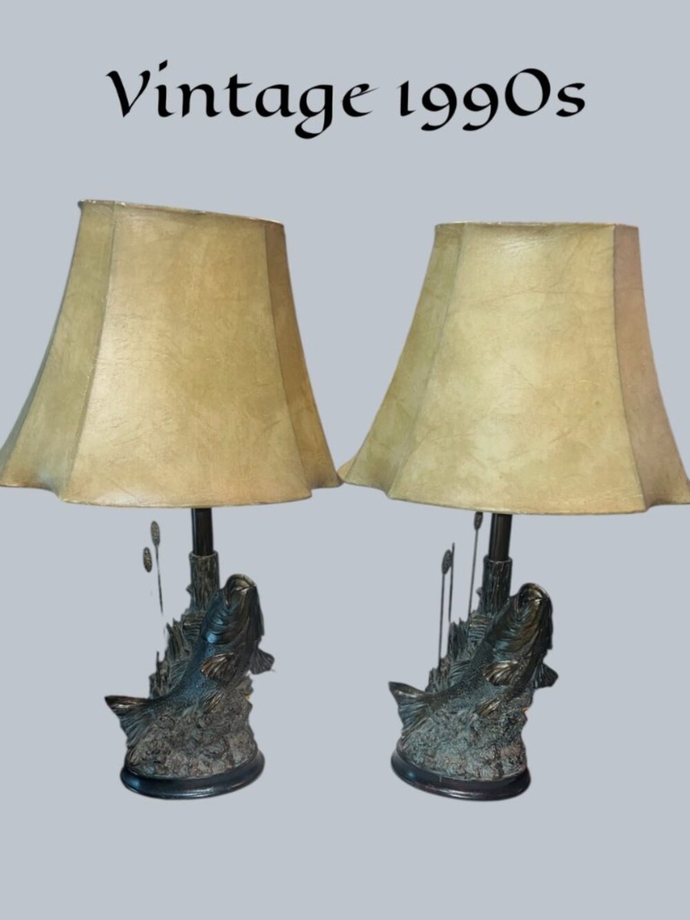 Vintage 1990s Large Mouth Bass Table Lamp with Faux Leather Shade (Set of 2)